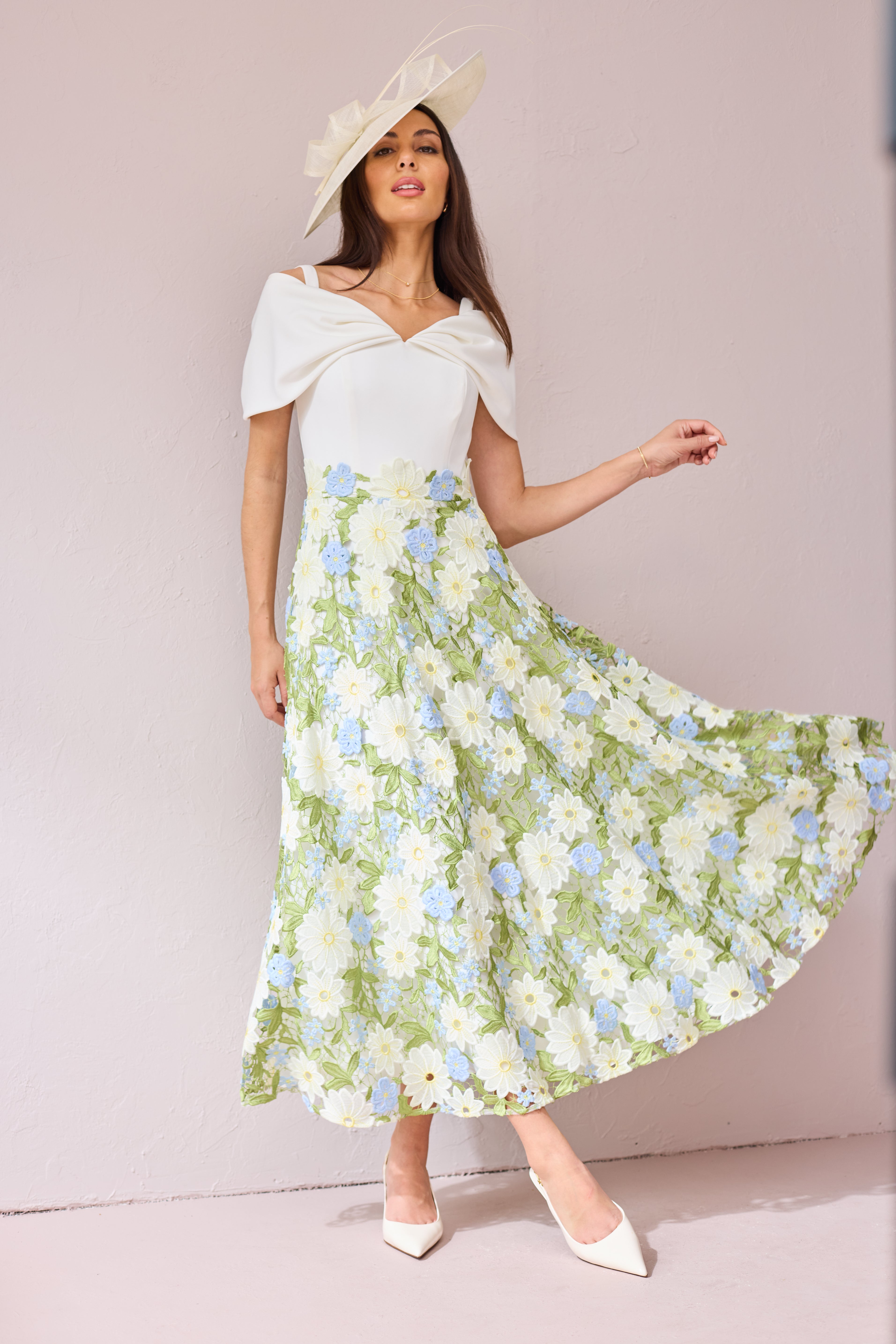 KATE Cream Green Embroidered Bardot Dress.