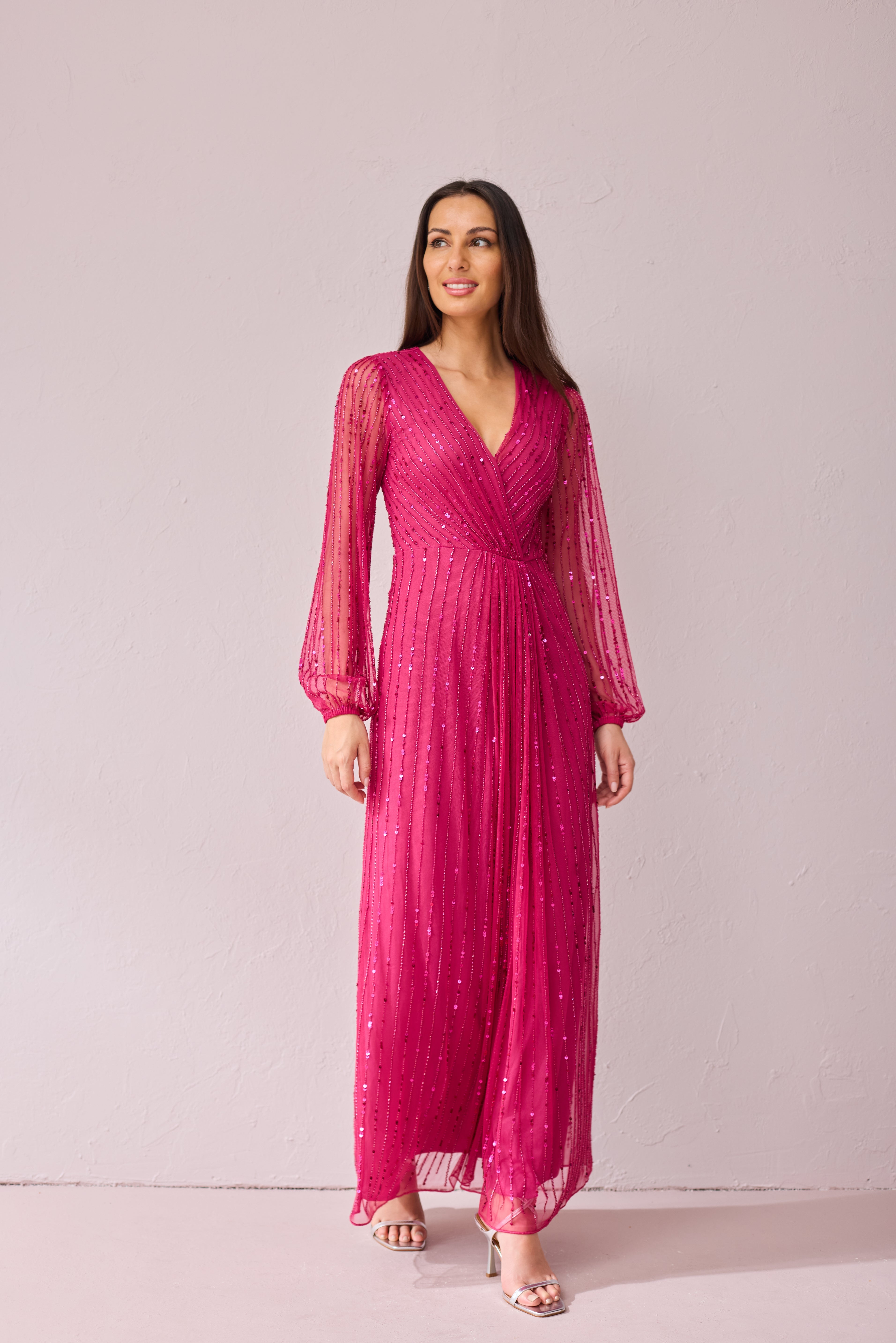 ANNIE Raspberry beaded wrap dress.