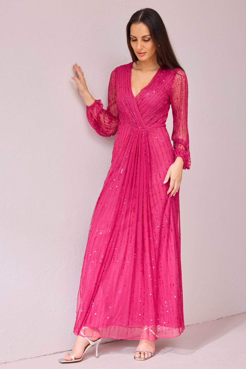 ANNIE Raspberry beaded wrap dress.