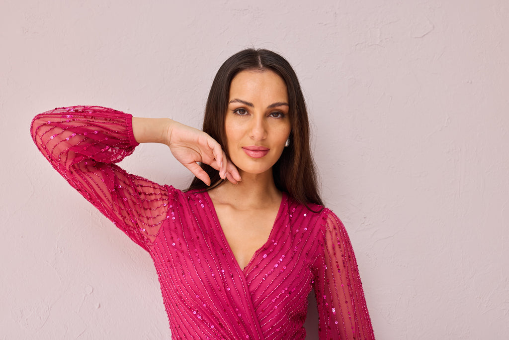 ANNIE Raspberry beaded wrap dress.