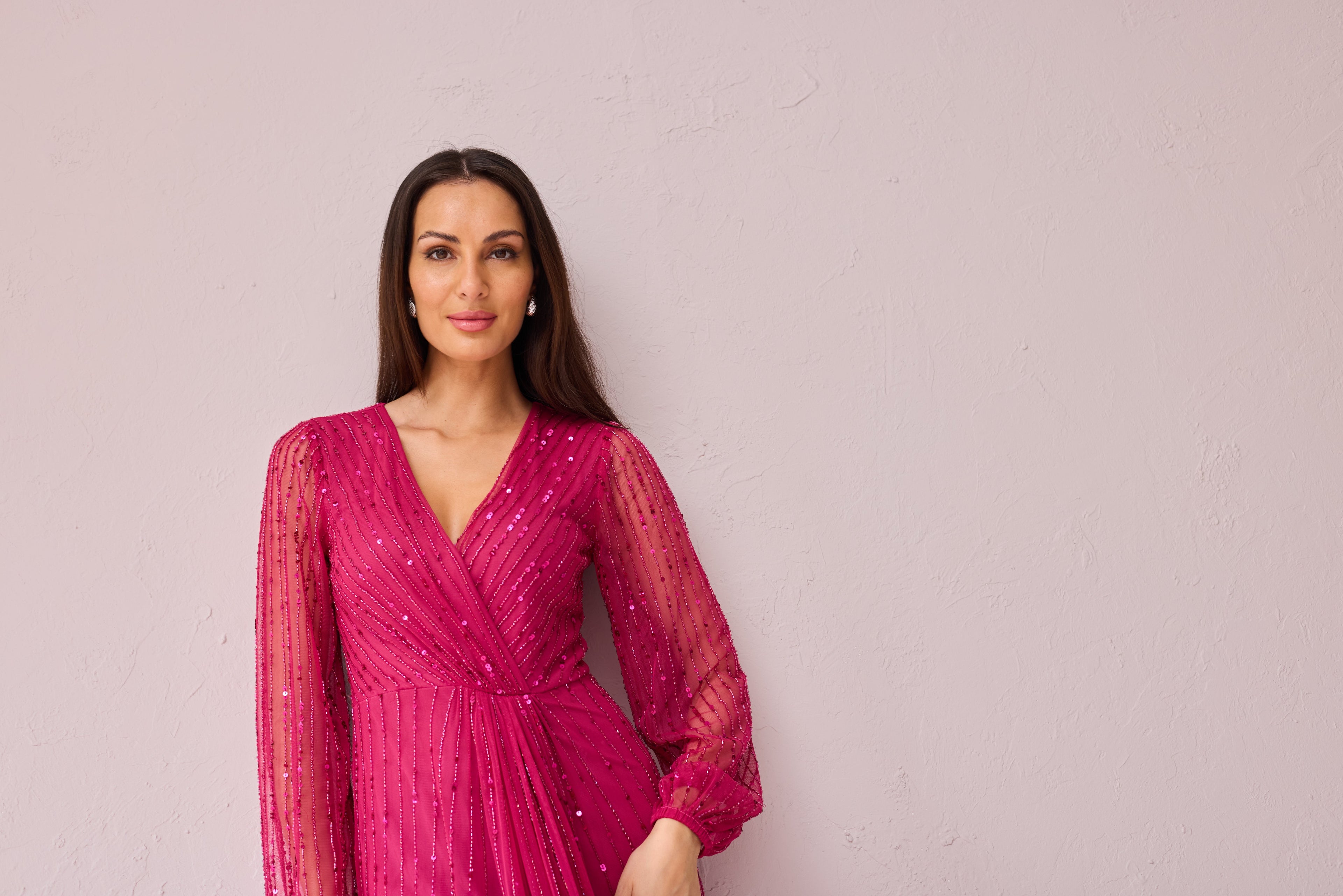 ANNIE Raspberry beaded wrap dress.