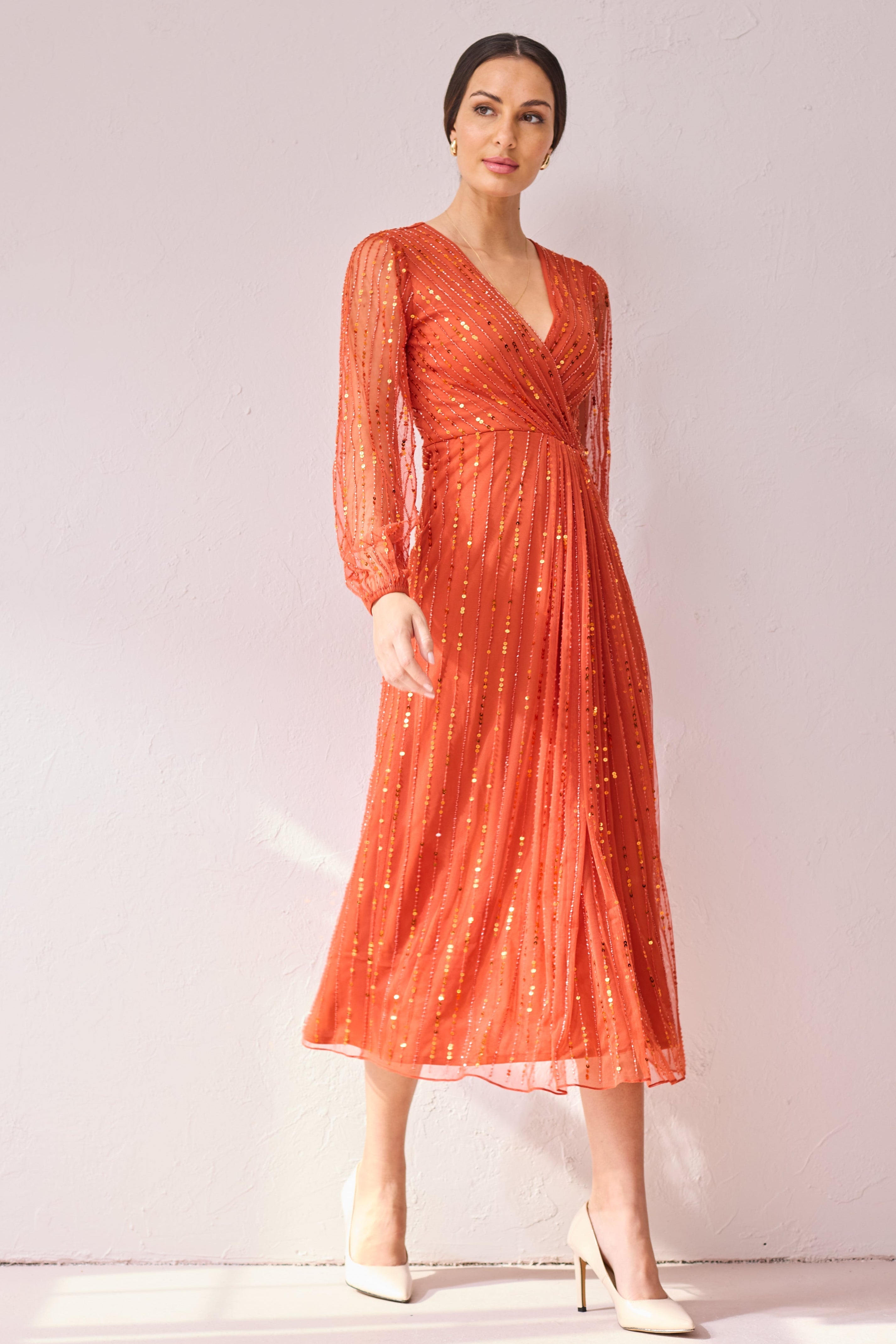 AMBER Burnt Orange beaded midi dress.