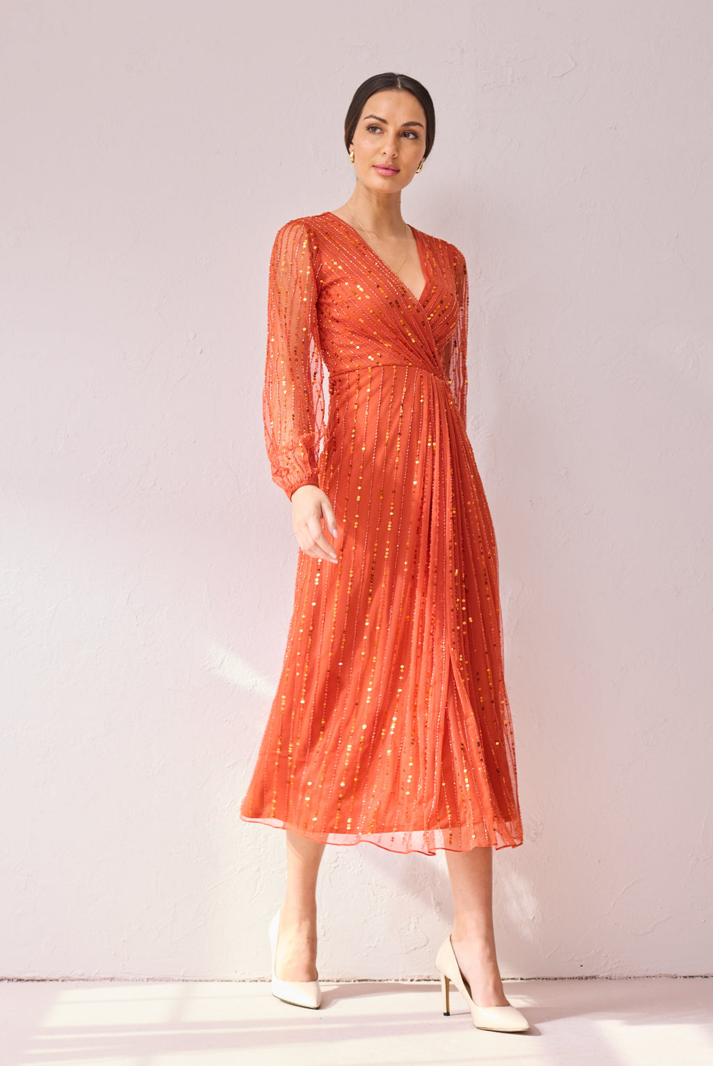 AMBER Burnt Orange beaded midi dress.