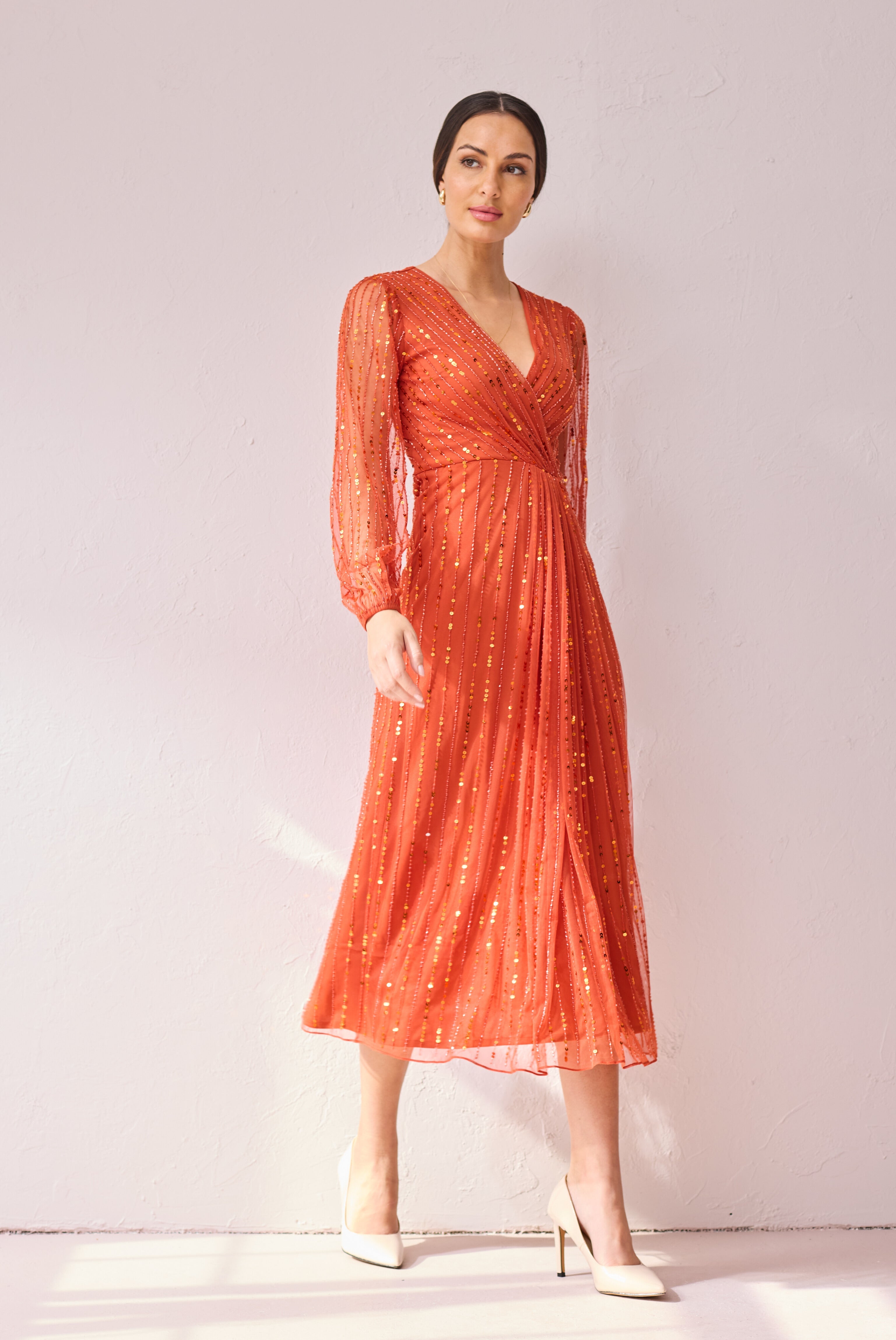 AMBER Burnt Orange beaded midi dress.
