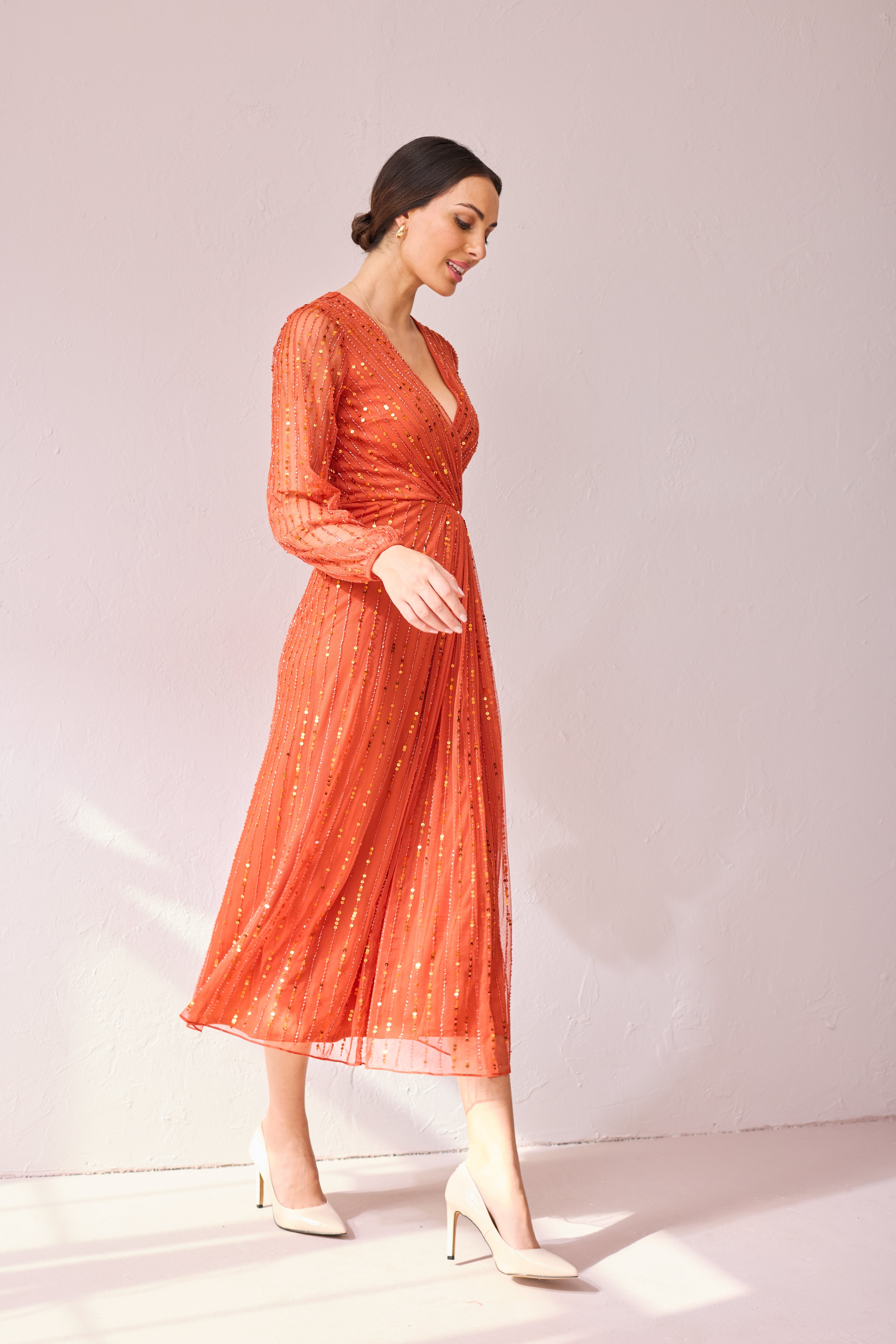 AMBER Burnt Orange beaded midi dress.