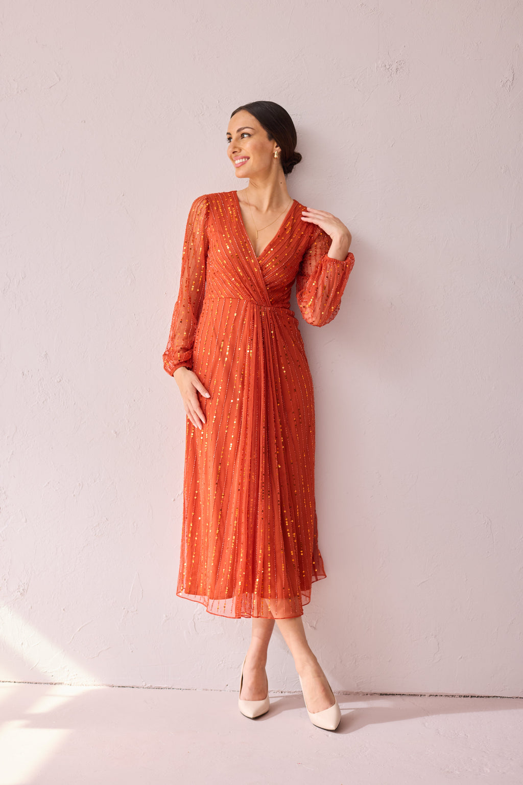 AMBER Burnt Orange beaded midi dress.