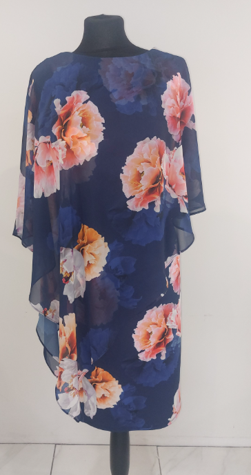 ROSALIE Navy Print Scuba Dress with Chiffon Cape.
