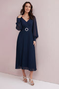 SERENE Navy Pleated Dress with Diamante