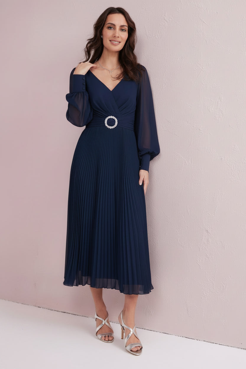 SERENE Navy Pleated Dress with Diamante