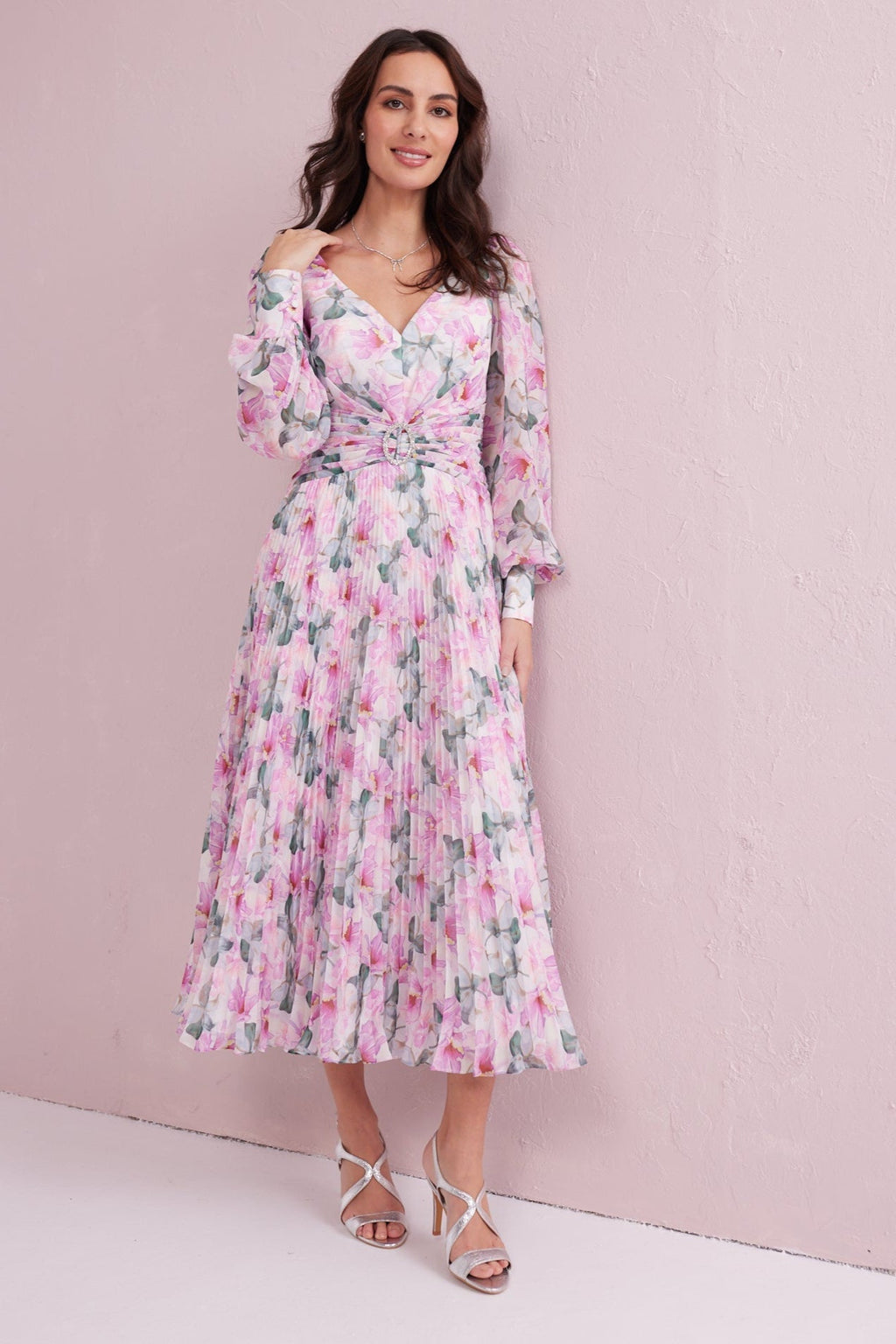 SERENE Pink Floral Print Pleated Dress with Diamante trim.