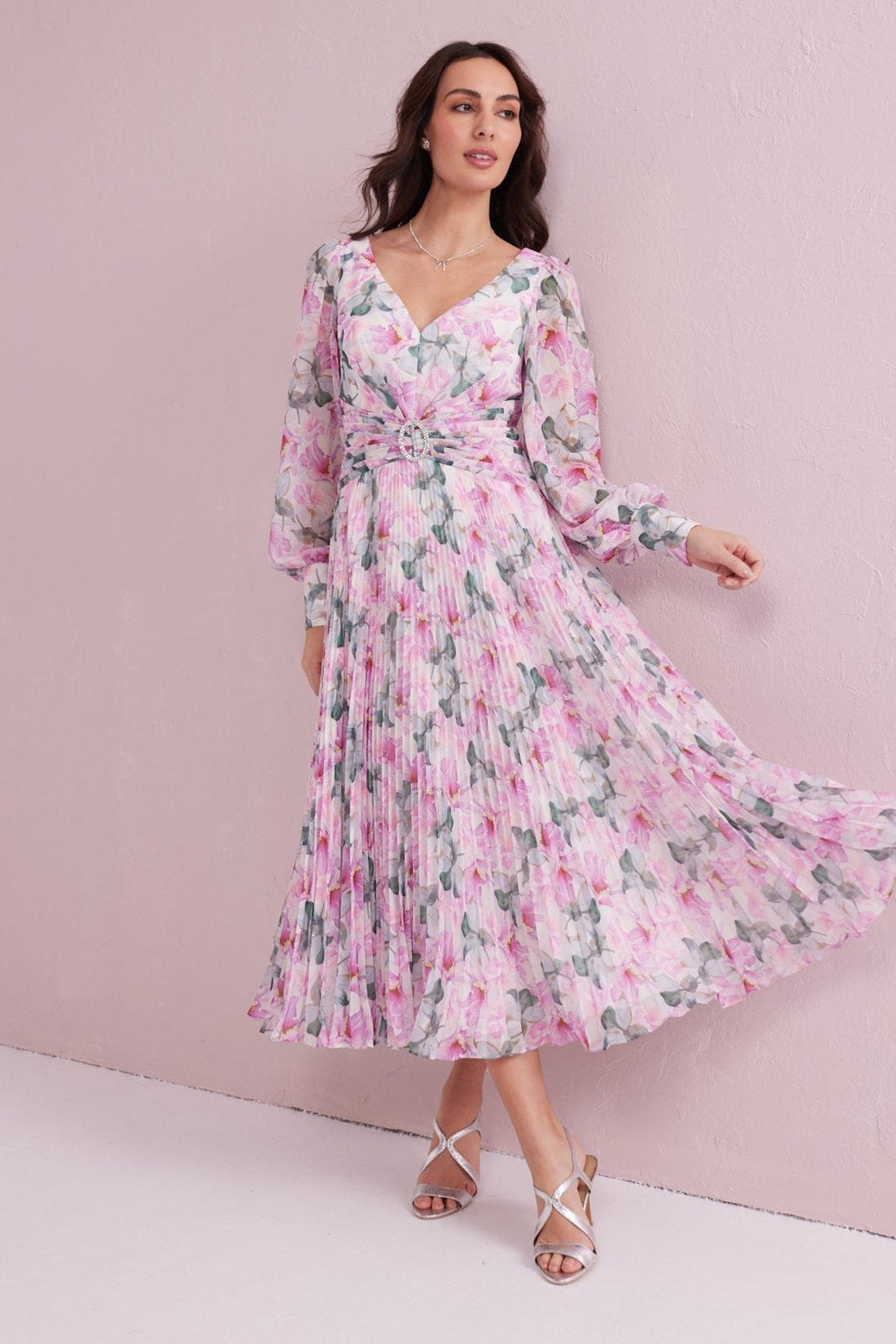 SERENE Pink Floral Print Pleated Dress with Diamante trim.