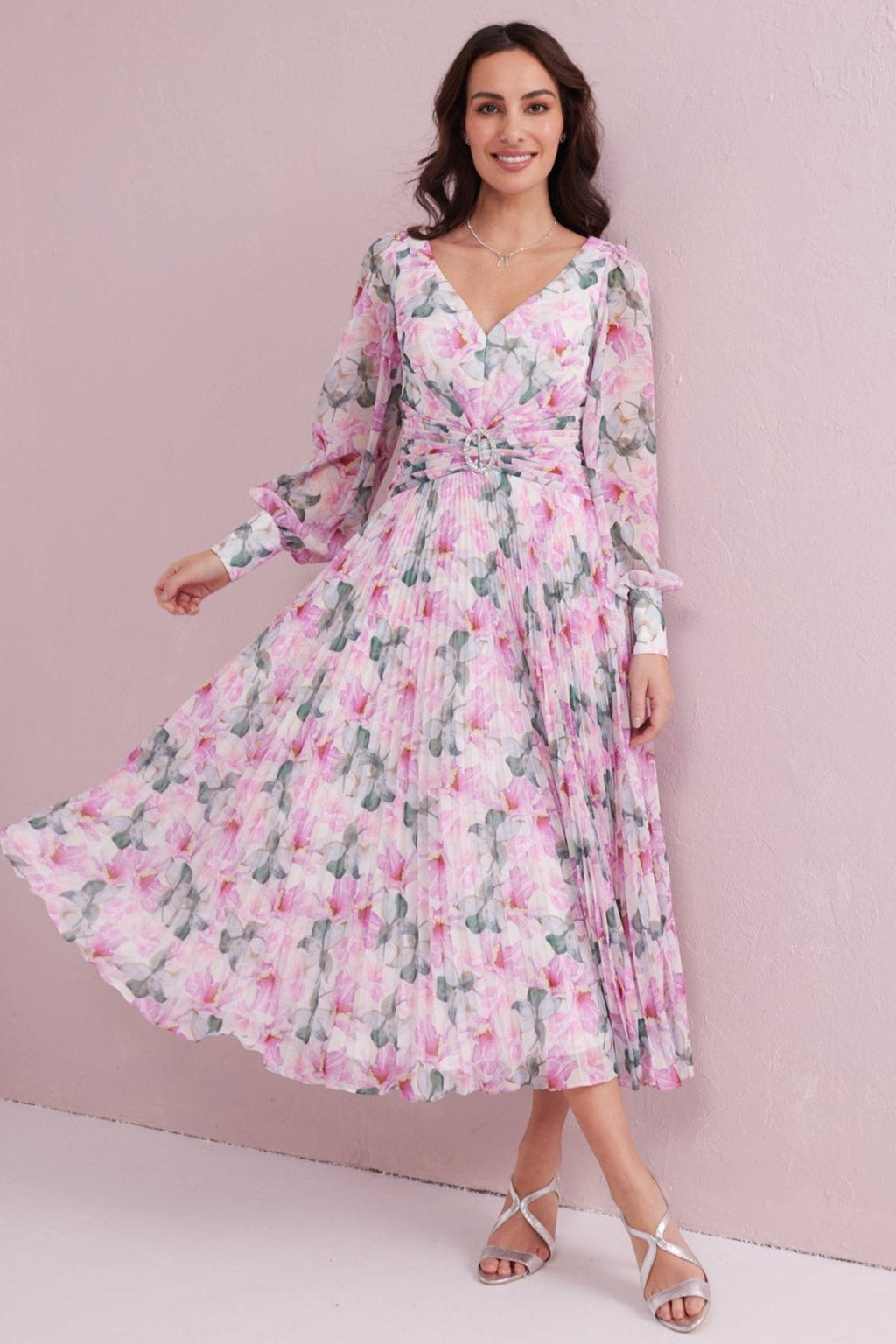 SERENE Pink Floral Print Pleated Dress with Diamante trim.