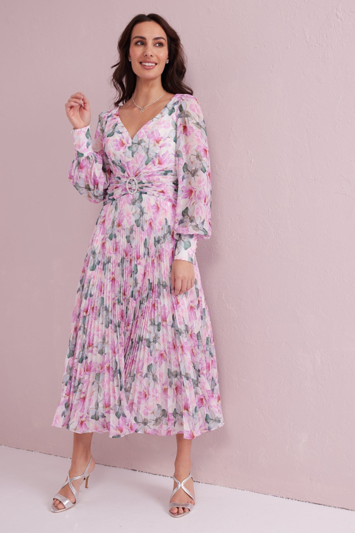 SERENE Pink Floral Print Pleated Dress with Diamante trim.