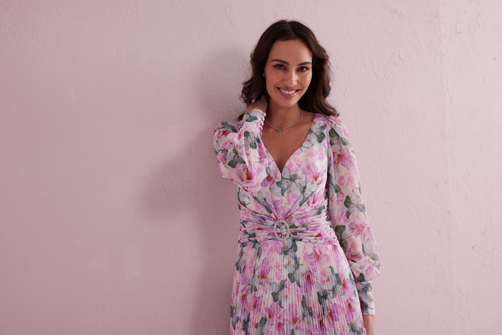 SERENE Pink Floral Print Pleated Dress with Diamante trim.