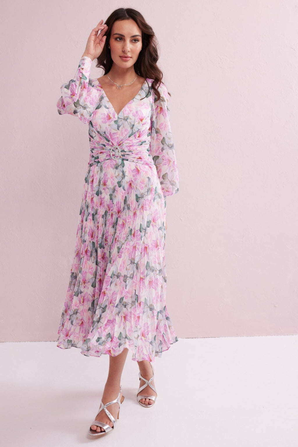 SERENE Pink Floral Print Pleated Dress with Diamante trim.