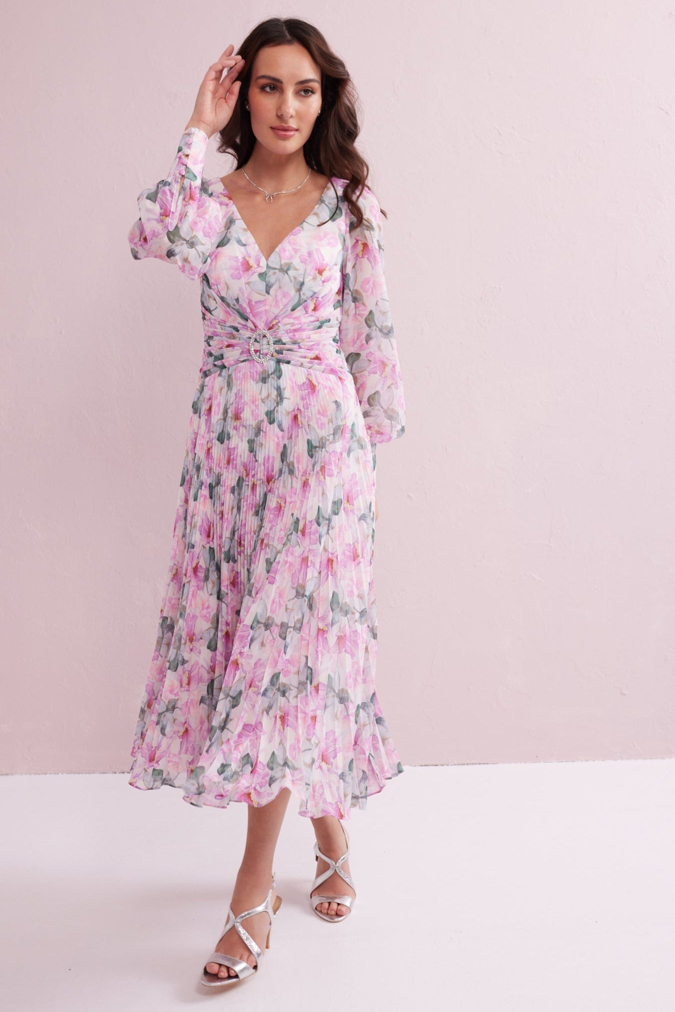 SERENE Pink Floral Print Pleated Dress with Diamante trim.