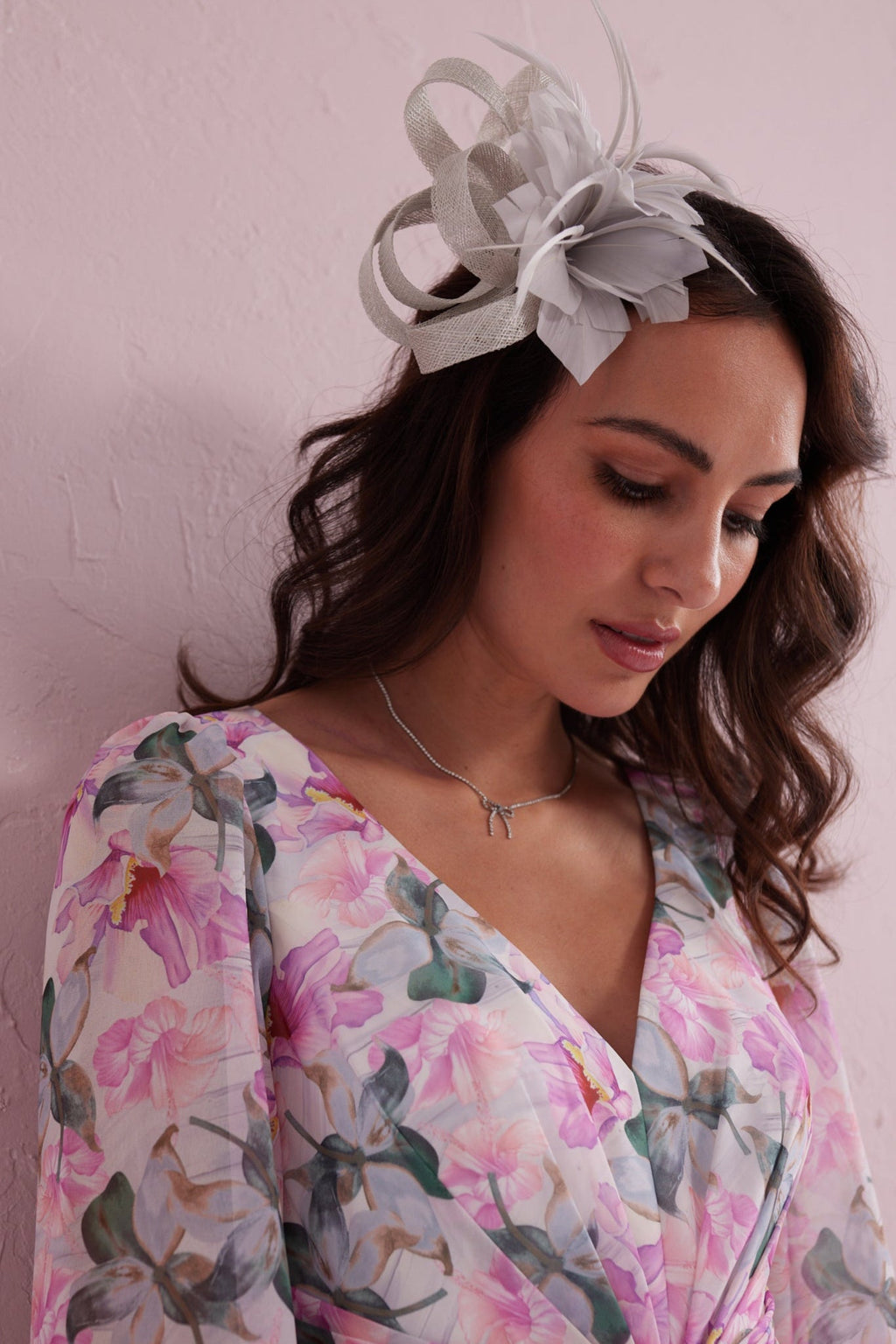 SERENE Pink Floral Print Pleated Dress with Diamante trim.