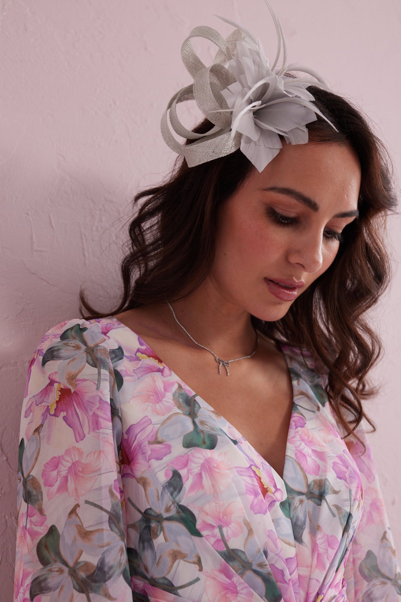 SERENE Pink Floral Print Pleated Dress with Diamante trim.