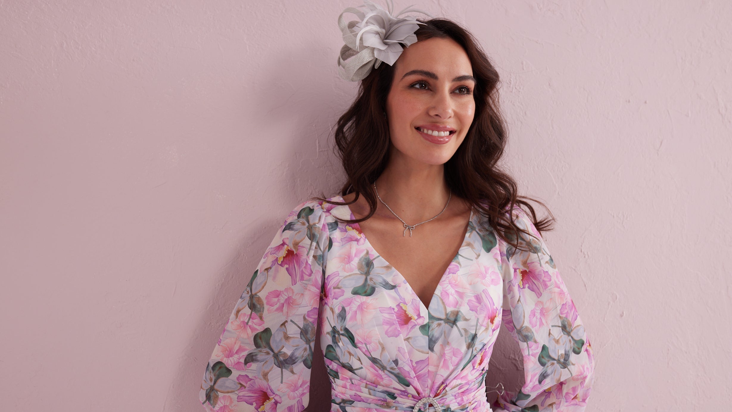 SERENE Pink Floral Print Pleated Dress with Diamante trim.