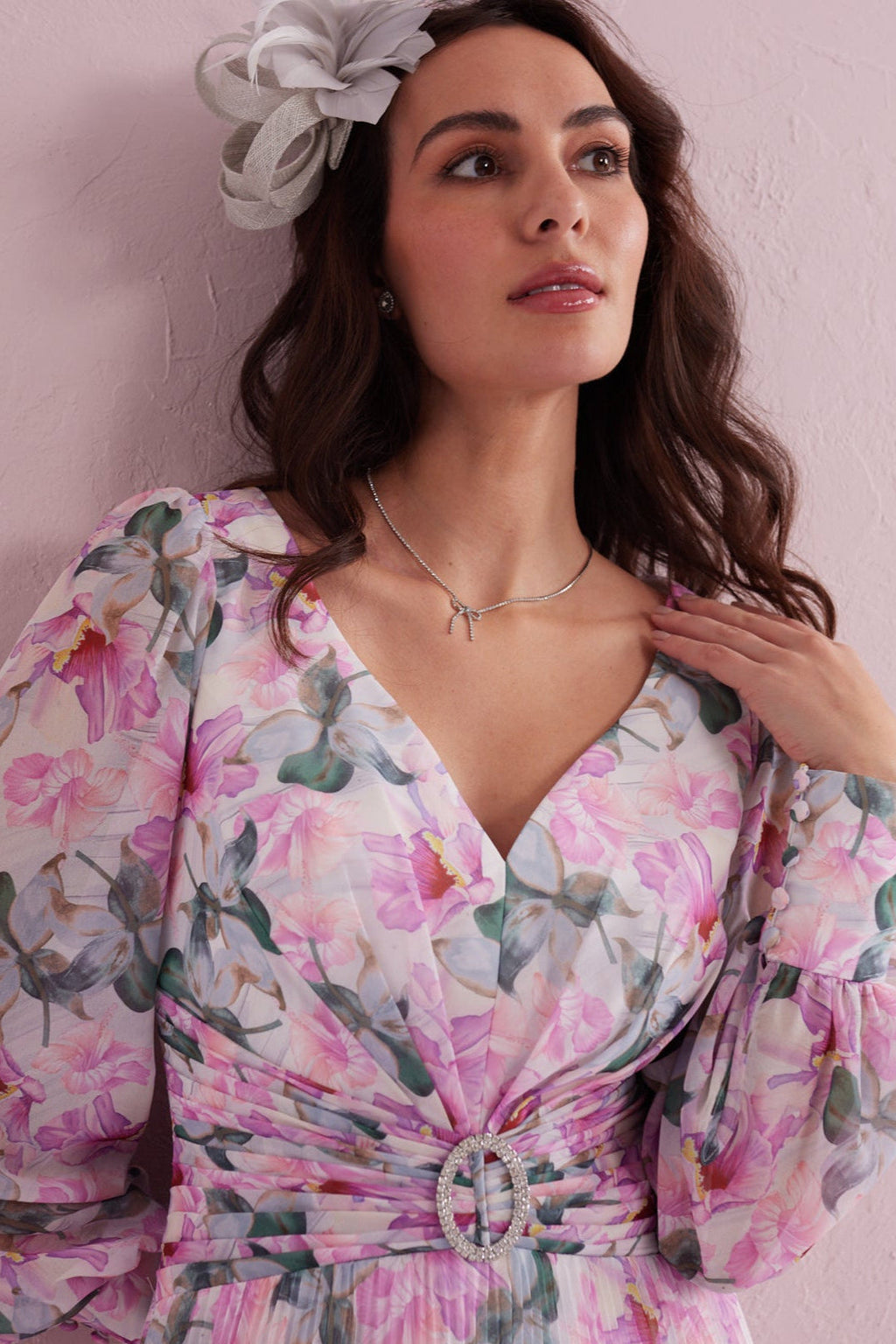 SERENE Pink Floral Print Pleated Dress with Diamante trim.