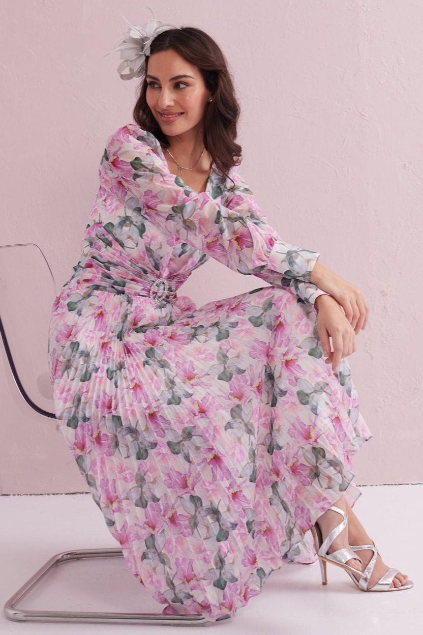 SERENE Pink Floral Print Pleated Dress with Diamante trim.
