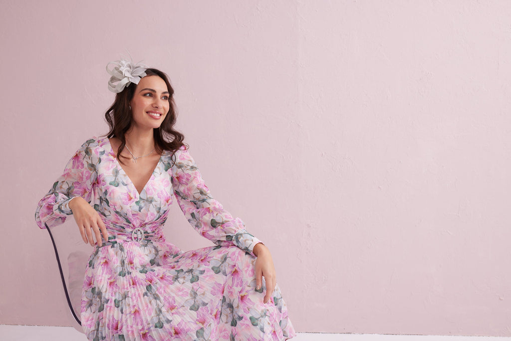 SERENE Pink Floral Print Pleated Dress with Diamante trim.