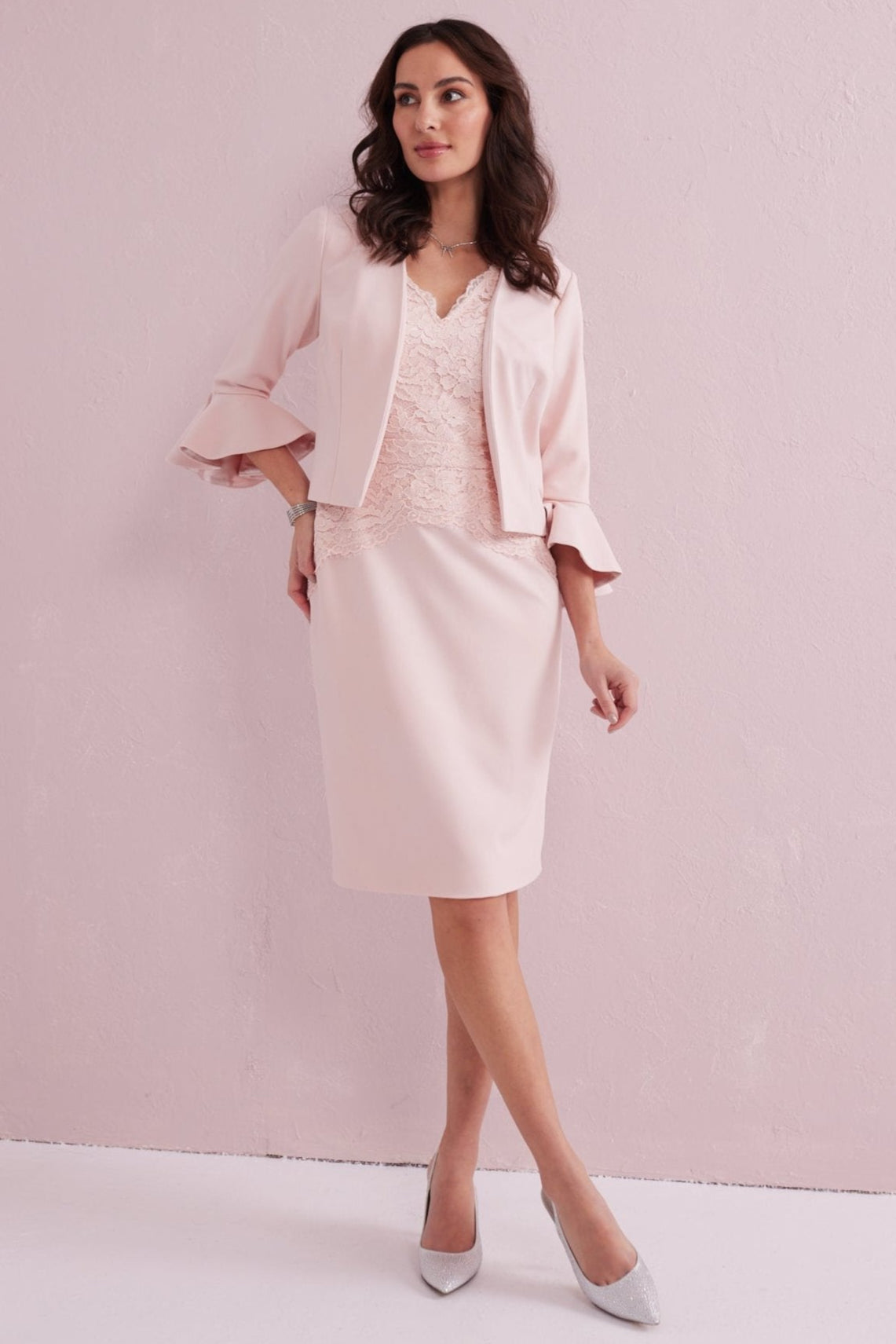 SHIRLEY Peach Blush Lace Trim Dress and Jacket Set.