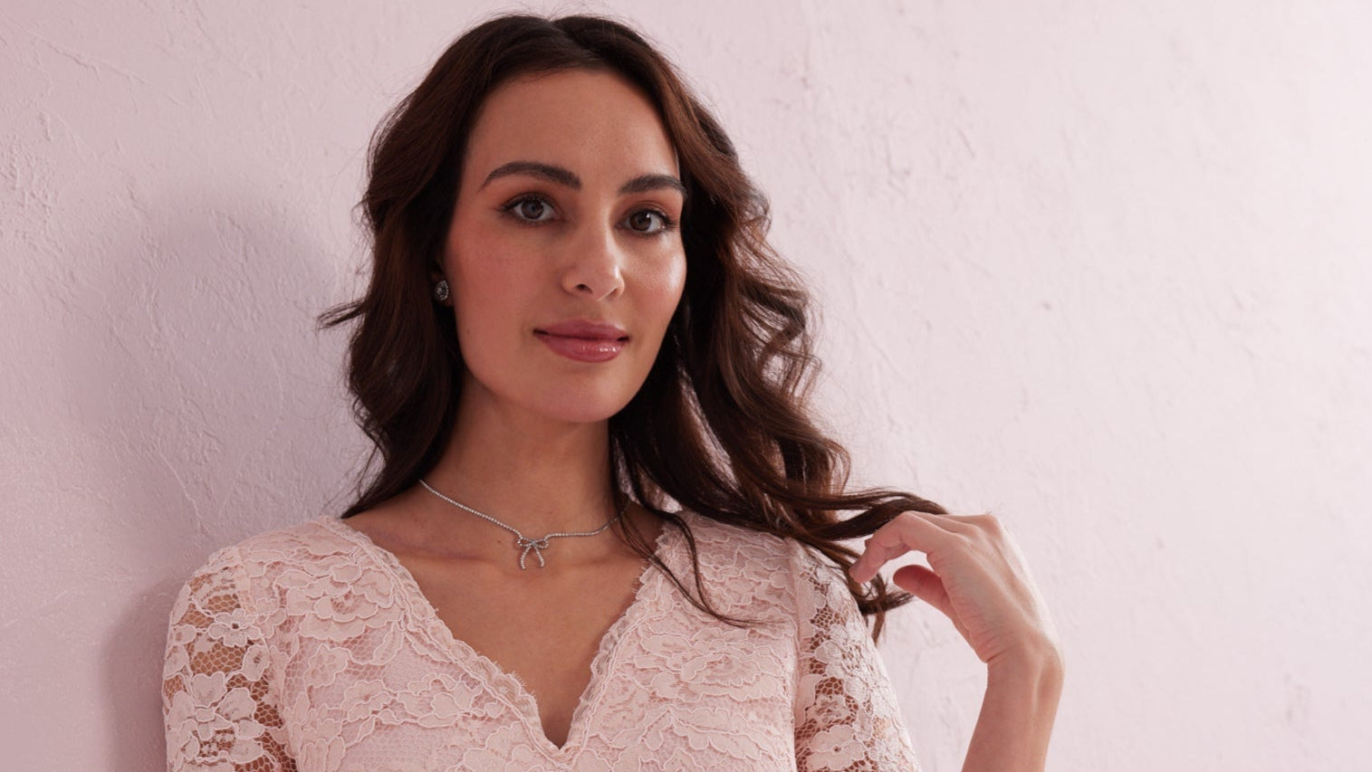 SHIRLEY Peach Blush Lace Trim Dress and Jacket Set.